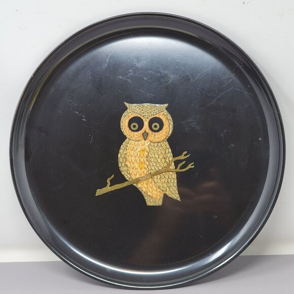 Vintage Couroc Of Monterey Owl Serving Tray Round Black & Gold Durable - Picture 1 of 5